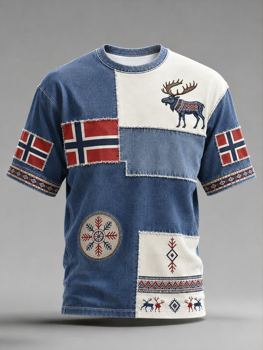 Kulturmönstrad konsttryck på herr-T-shirt med kort ärm, norska samiska inslag