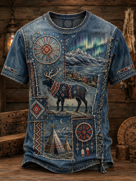 Kulturmönstrad konsttryck på herr-T-shirt med kort ärm, norska samiska inslag