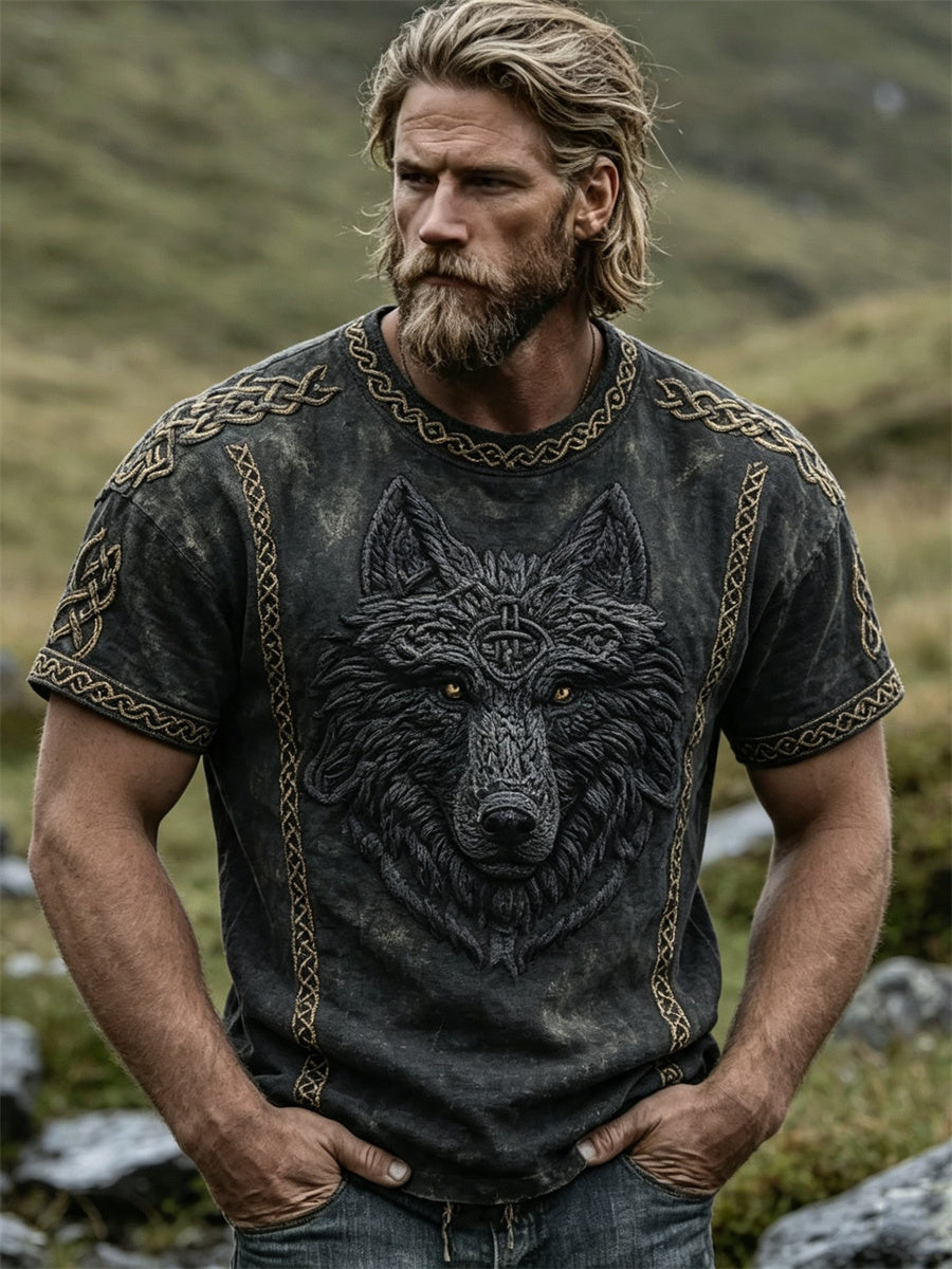 Mäns Vintage Wolf Fenrir Viking Celtic Knop Skriv ut korta ärmar t-shirt