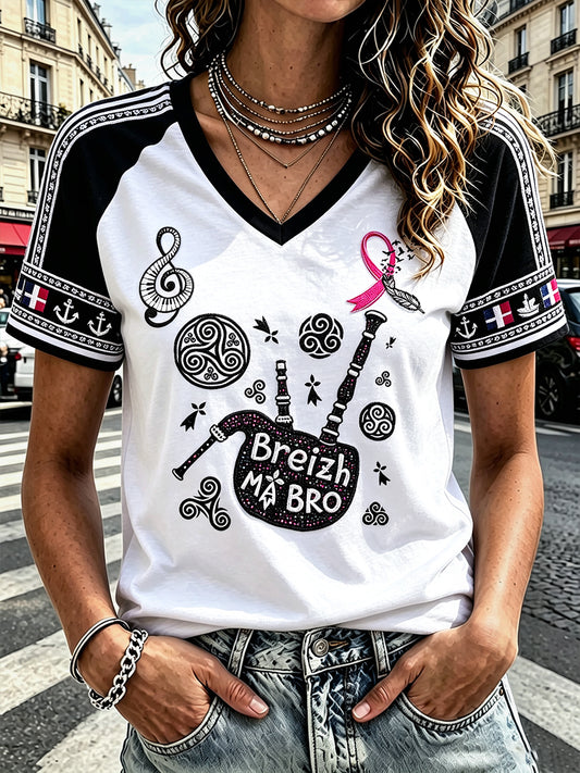 Kvinnors vit franska Bretagne bröstcancer patchwork Skriv ut Casual V-hals T-shirt