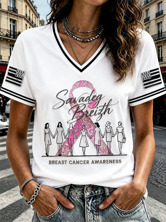 Kvinnors franska bretonska bröstcancer Skriv ut Casual V-hals T-shirt