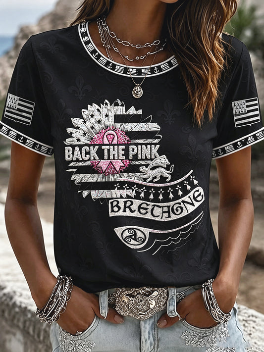 Kvinnors Black Breton-stil bröstcancer Skriv ut Casual T-shirta