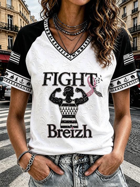 Kvinnors franska Bretagne bröstcancer Patchwork Print Casual V-hals T-shirt