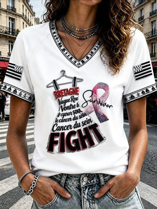 Kvinnors franska Bretagne Bröstcancer Skriv ut Vit Casual V-hals T-shirt
