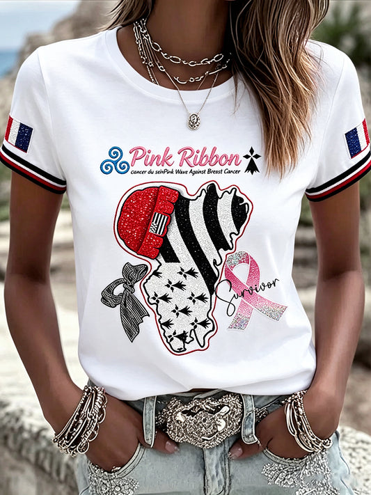 Kvinnors vit Breton-stil bröstcancer Skriv ut Casual T-shirta