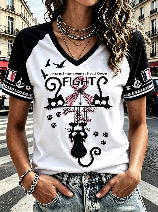 Kvinnor Franska Bretagne Bröstcancer medvetenhet Söt katt Print Casual V-hals T-shirt