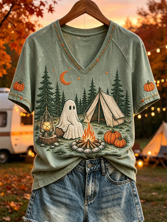 Kvinnors Halloween Ghost Fall Camping Skriv ut kortärmad t-shirta