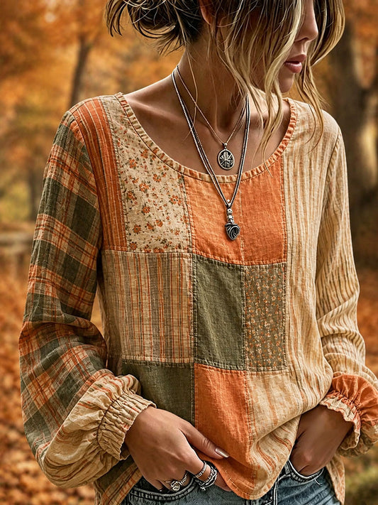 Kvinnors fall Patchwork konst bomull linneskjort