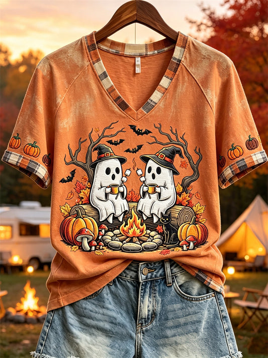 Kvinnors Halloween Ghosts Fall Camping Skriv ut kortärmad t-shirt