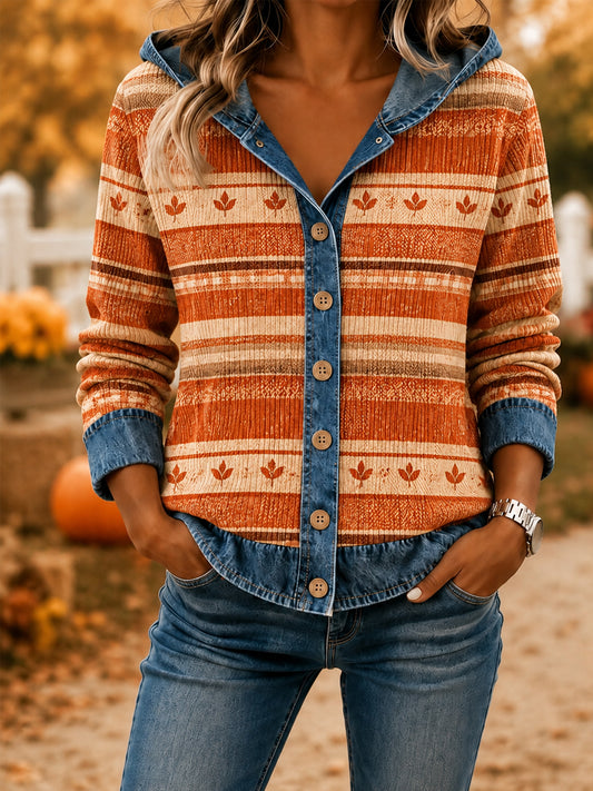Kvinnors höst säsong Skriv ut denim Syning Casual Hoodie.