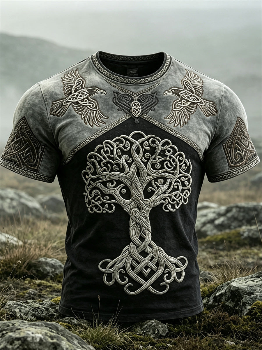 Herrens Viking Träd of Life & Ravens Celtic Knop Skriv ut kort ärm t-shirt
