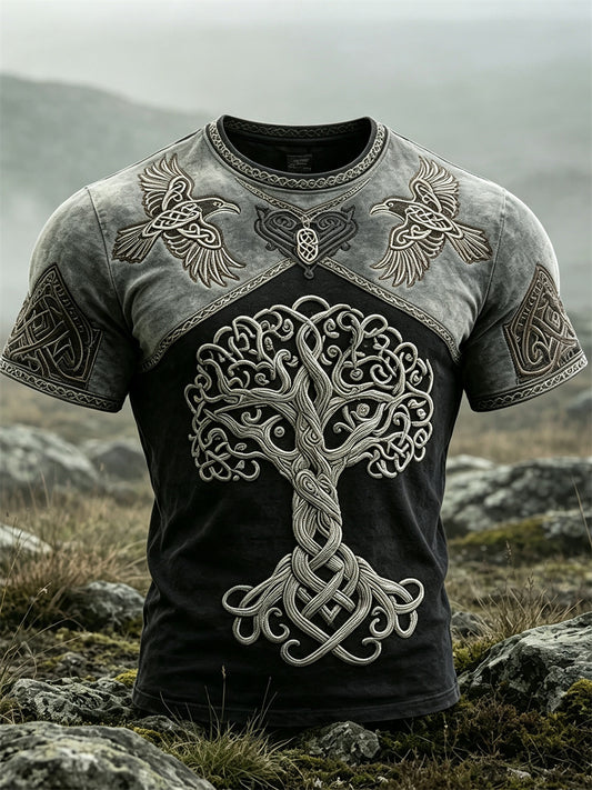 Herrens Viking Träd of Life & Ravens Celtic Knop Skriv ut kort ärm t-shirt