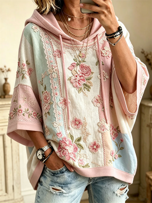 Damsko bohemisk rosa blommig färgblockmönstrad överstor hoodie med halvlånga ärmarna
