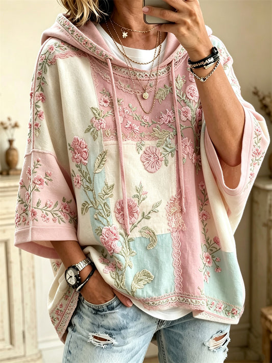 Kvinnor Boho rosa blommiga färgblock Skriv ut mitt längd ärmar översize Hoodiee