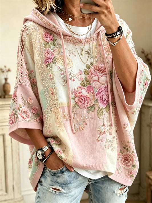 Kvinnor Boho rosa blommiga färgblock Skriv ut mitt längd ärmar översize Hoodiee
