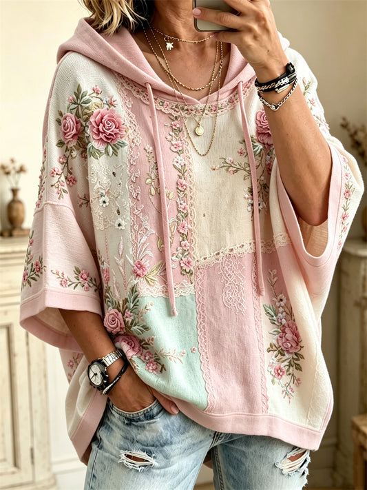 Damsko bohemisk rosa blommig färgblockmönstrad överstor hoodie med halvlånga ärmarna