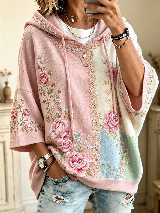 Kvinnor Boho rosa blommiga färgblock Skriv ut mitt längd ärmar översize Hoodiee