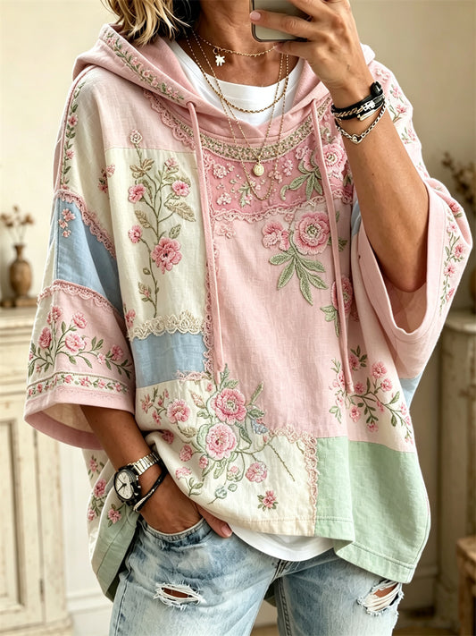 Damsko bohemisk rosa blommig färgblockmönstrad överstor hoodie med halvlånga ärmarna