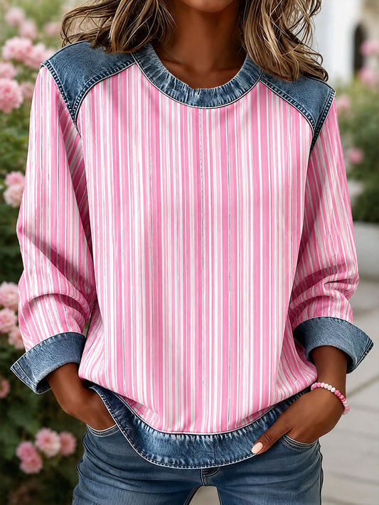 Kvinnors randiga tryck Denim Patchwork topp