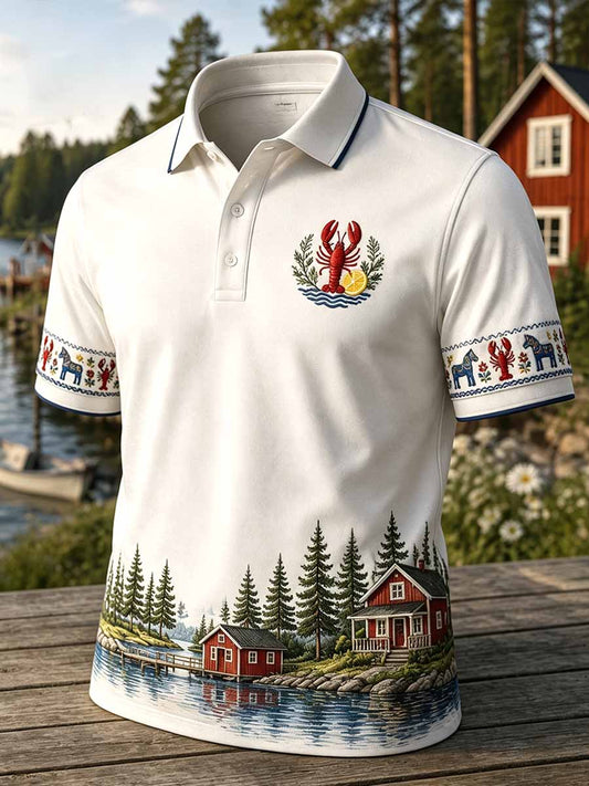Herrpolotröja med mönster från den svenska hummerfestivalen
