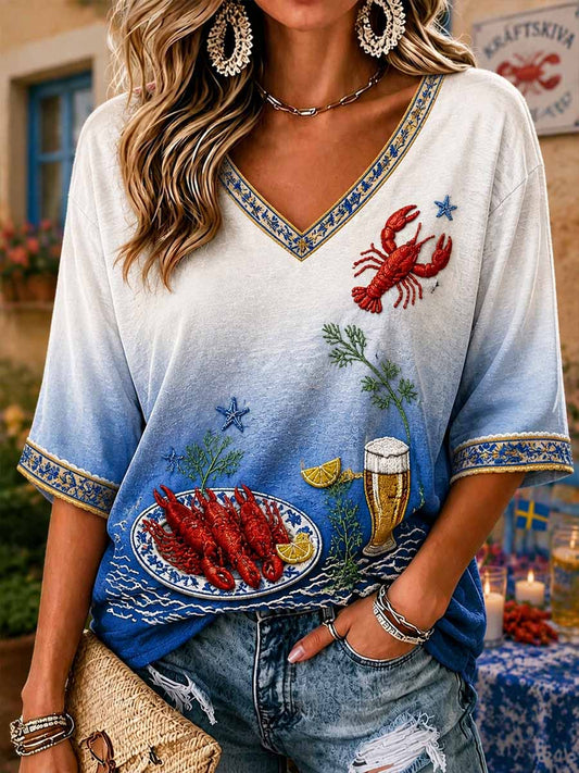 Kvinnors Swedish Lobster Festival Mönster Tryckt T-shirt