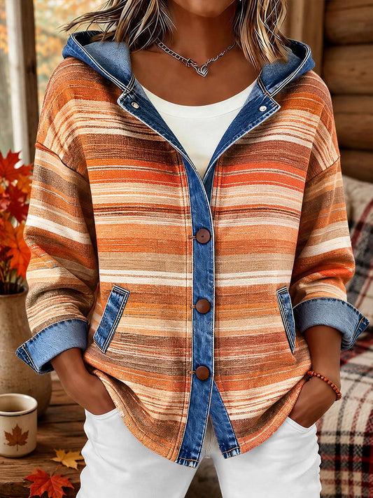 Kvinnors fall Plaid Skriv Denim Patchwork Hooded cardigan