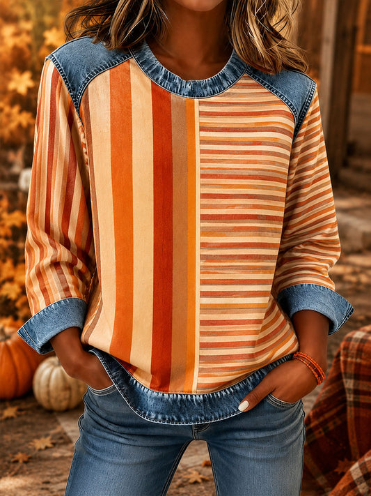 Kvinnors fall Plaid Skriv Denim Patchwork topp