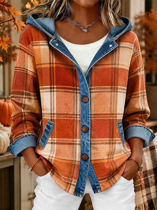 Dams höstklädd mönstrad jeanspatchwork-huvtröja med huva
