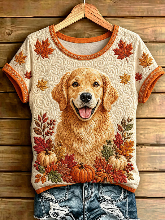 Kvinnlig höstig t-shirt med hundtryck i casual stil