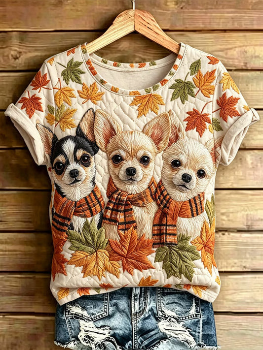 Kvinnlig höstig t-shirt med hundtryck i casual stil