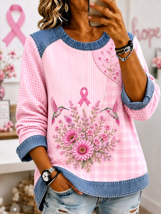 Kvinnors rosa blommor & Hummingbird Skriv ut Bröstcancer medvetenhet Stöd Denim Patchwork Sweatshirt