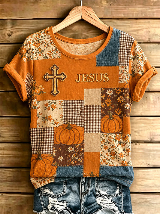 Kvinnors höst kristna kors Print Casual Tee