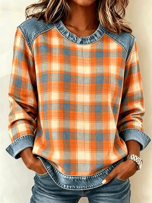 Kvinnors höst Plaid Print Casual Tee