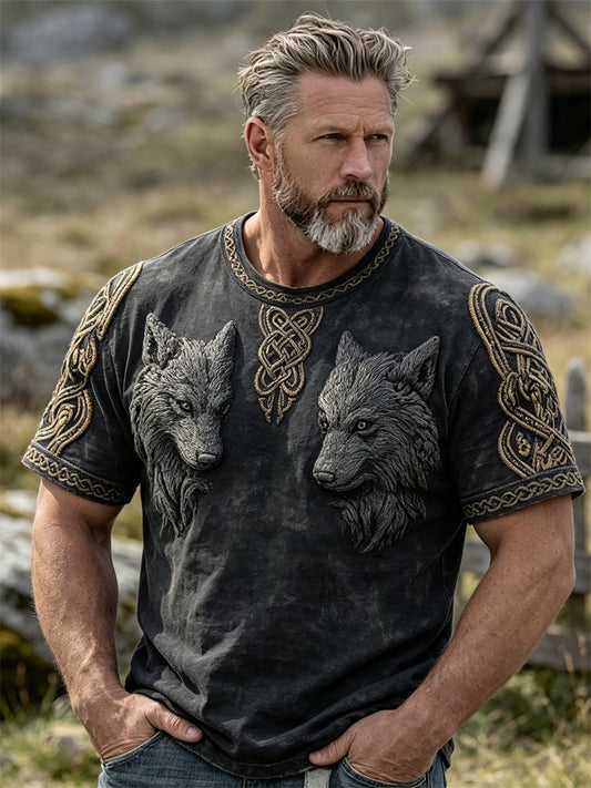 Herrlig vintage-vikingtröja med vargar och keltiskt knutmotiv, kortärmad t-shirt