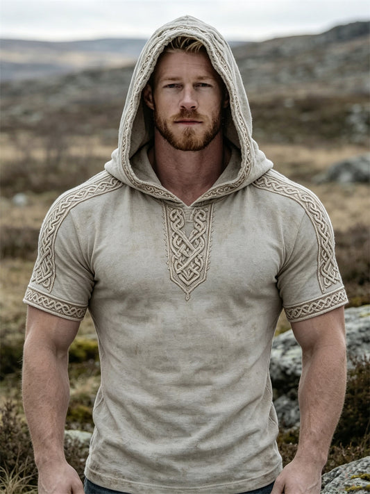Herrhoodie i vintagestil med viking- och keltiskt knutmotiv samt korta ärmarna