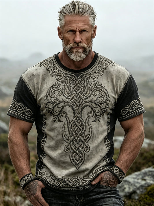 Mansvintage t-shirt med vikingatema, livets träd och keltiskt knutmotiv, korta ärmar