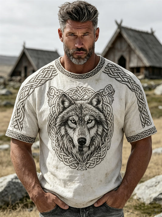 Mansvintage t-shirt med korta ärmar, vikingmotiv av vargen Fenrir och keltiskt knutmönster