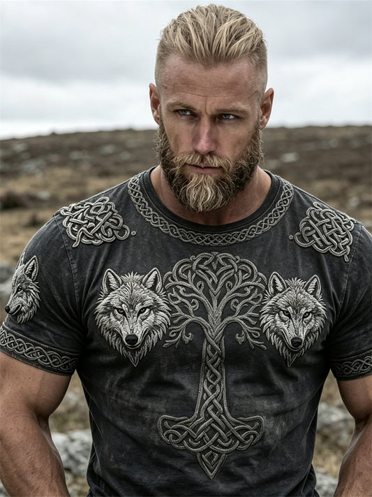 Mansvintage viking Livets träd och vargar keltiskt knutmönster kortärmad t-shirt
