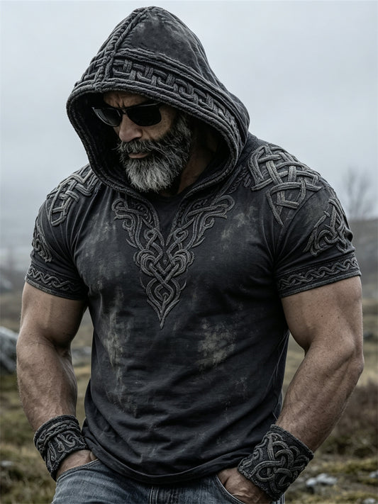 Herrhoodie i vintagestil med viking- och keltiskt knutmotiv samt korta ärmarna