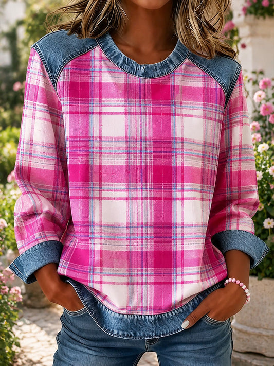 Kvinnors Plaid Skriv Denim Patchwork topp