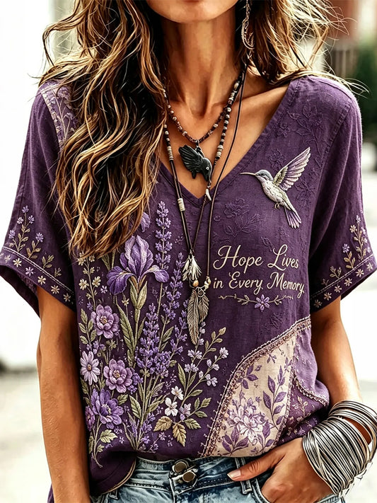 Kvinnor Retro Lila Floral Hummingbird Skriv ut lin kortärmad T-shirt