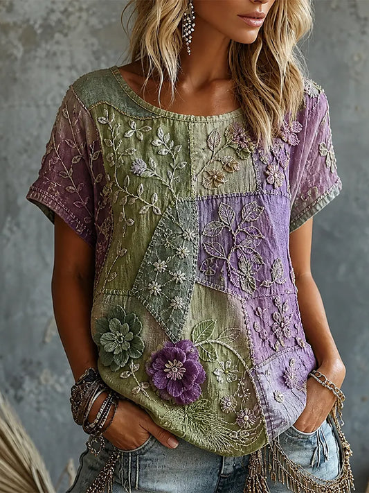 Kvinnors Vintage Purple Floral Patchwork Skriv ut Lin Short-T-shirt