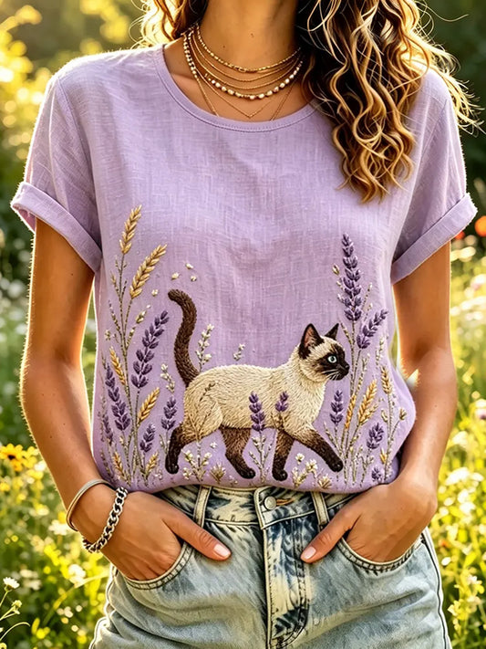 Kvinnors söt katt och lavendel Print Lin Short-T-shirt