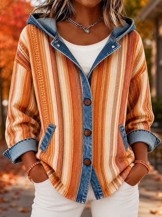 Kvinnors höststridiga tryck Denim-panel Huvad cardigan