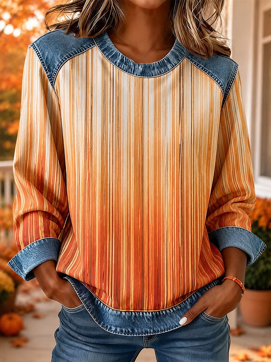 Kvinnors hösträmda utskrift Denim-panel topp