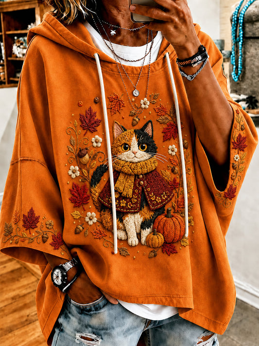 Kvinnors Retro fall lönn lämnar söta katt Casual Loose Hoodie.