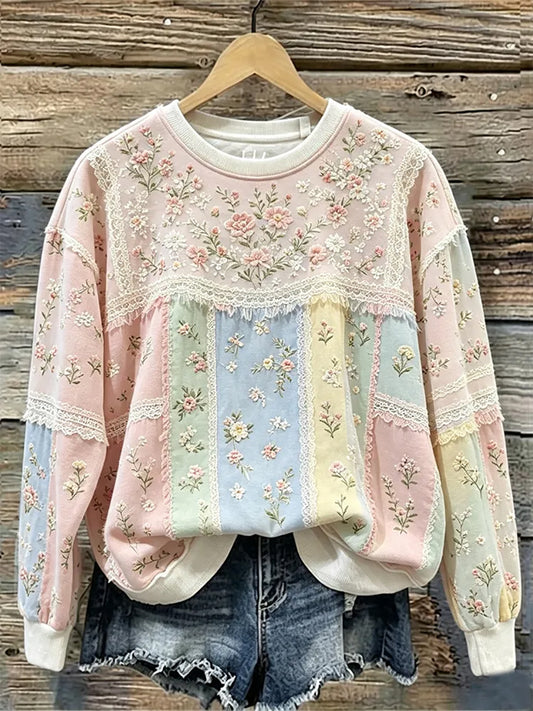 Kvinnors Vintage Floral och spets patchwork Print bekväm tröj