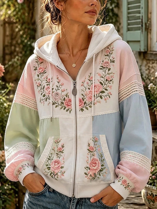 Kvinnors rosa rosa och spets färgblock lappverk Print Zip-Up Mysig Hoodie Print