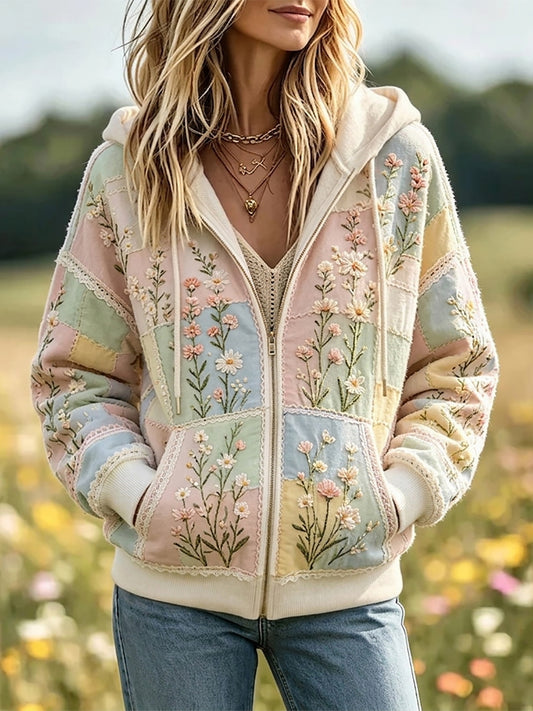 Kvinnors Vintage Boho Floral & spets Lappverk Skriv ut Zip-Up Mysig Hoodie Skriv ut Zip-Up