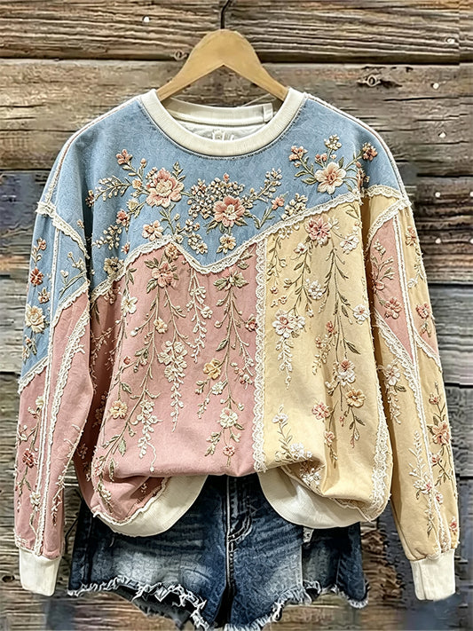 Kvinnors Vintage blommor och spetsarktyg Skriv ut mysig tröj